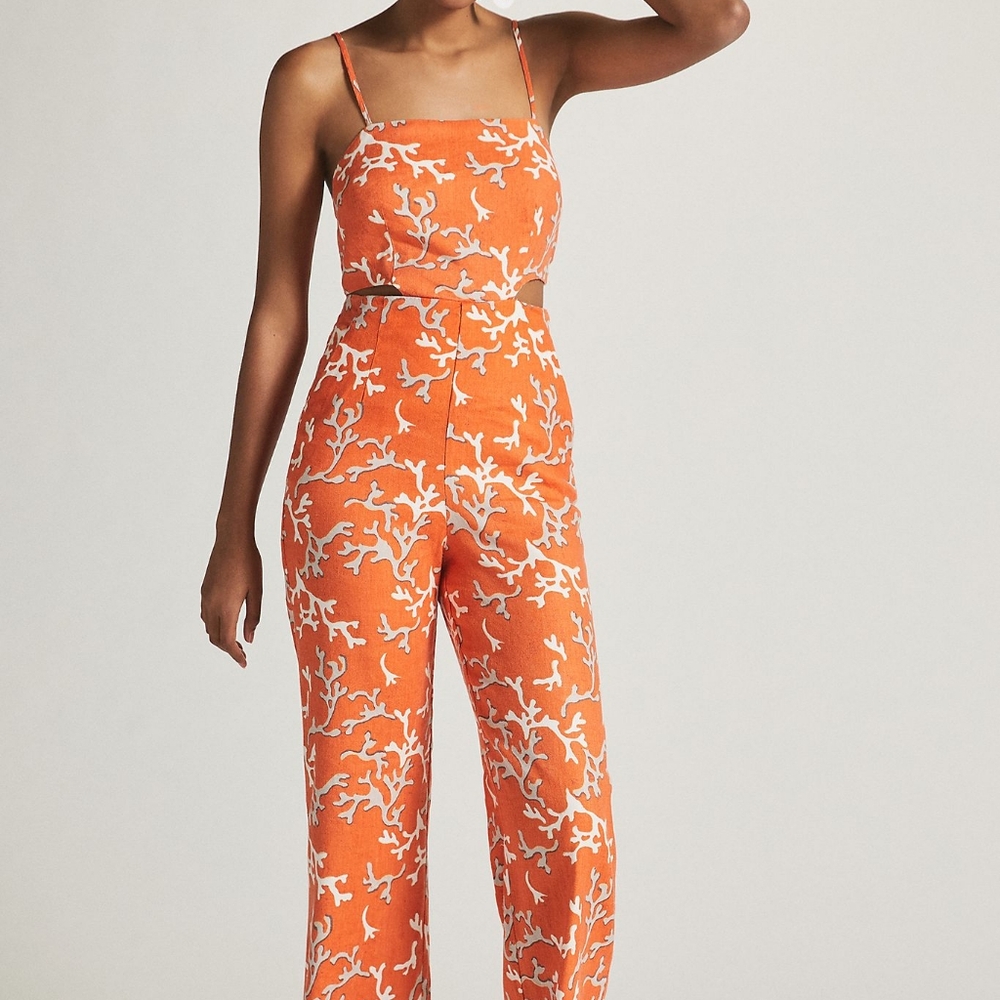 Maeve Rivera Womens Size 8 Orange Print Linen Jumpsuit Cut Out Pockets